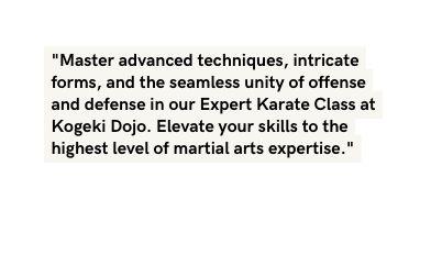 Master advanced techniques intricate forms and the seamless unity of offense and defense in our Expert Karate Class at Kogeki Dojo Elevate your skills to the highest level of martial arts expertise